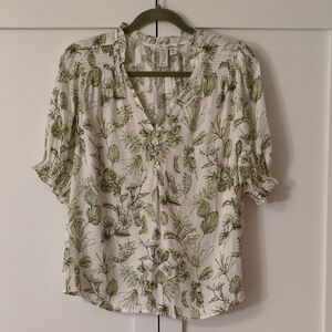 Joie | Women's Size M | Green White Botanical Print Blouse Smocked Details
